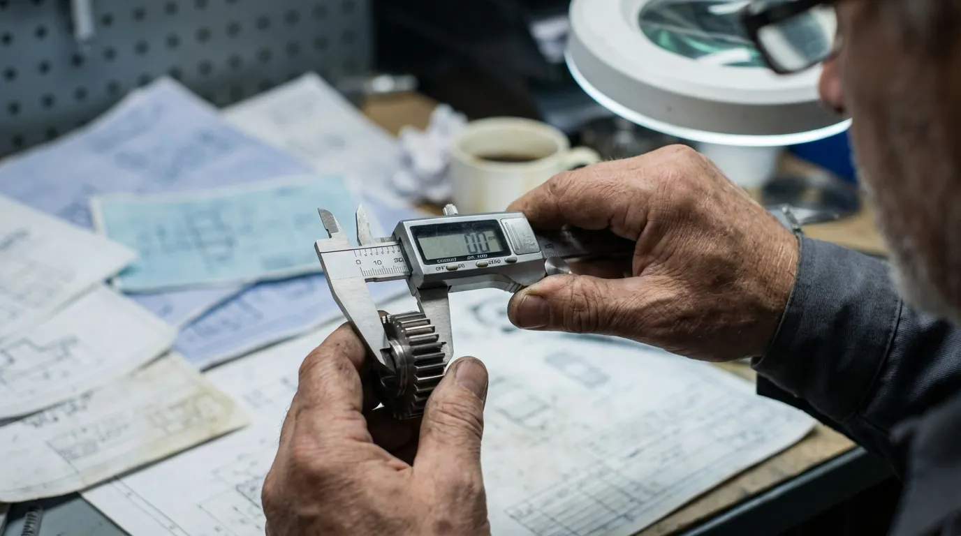 Quality assurance engineer using calipers